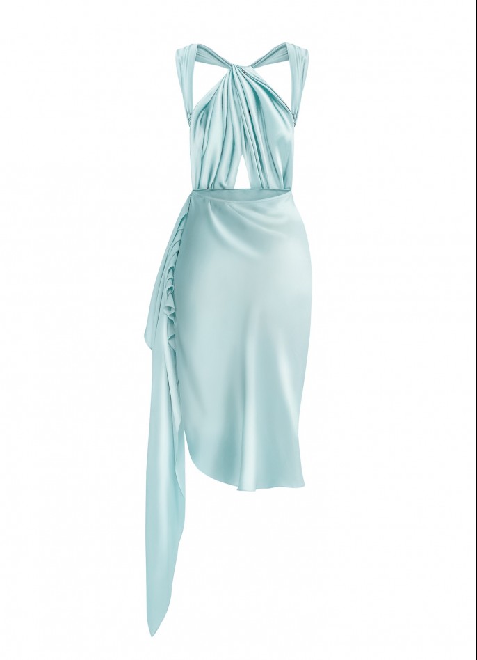 PRE-ORDER : DRAPED SILK SATIN BACKLESS DRESS - ICE BLUE